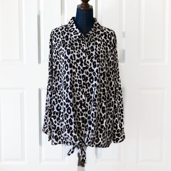 susan graver button down silky top NWOT leopard print size 24W black white - Picture 2 of 11